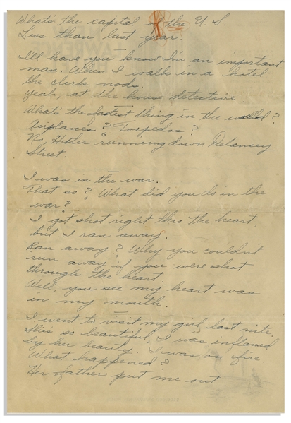 Moe Howard Handwritten Jokes, Circa 1940 With 1 Joke About Hitler -- Four Pages on Two Sheets of Chicago Hotel Stationery Measure 7.25'' x 10.5'' -- Folds & Orange Crayon to 1 Page, Overall Very Good